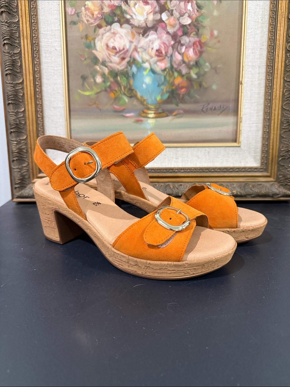 Gabor Orange Buckle Cork Heel Sandals